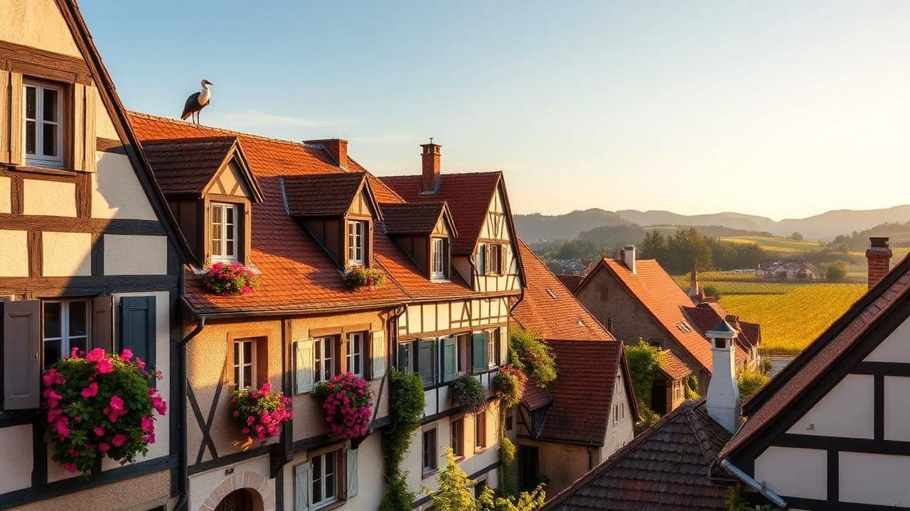 Alsatian village with a stork's nest in Bergheim