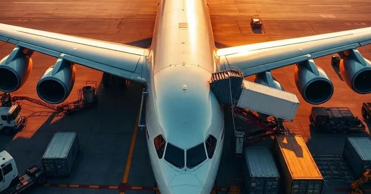 Avion cargo en cours de chargement sur le tarmac, conteneurs aériens au pied de l'appareil